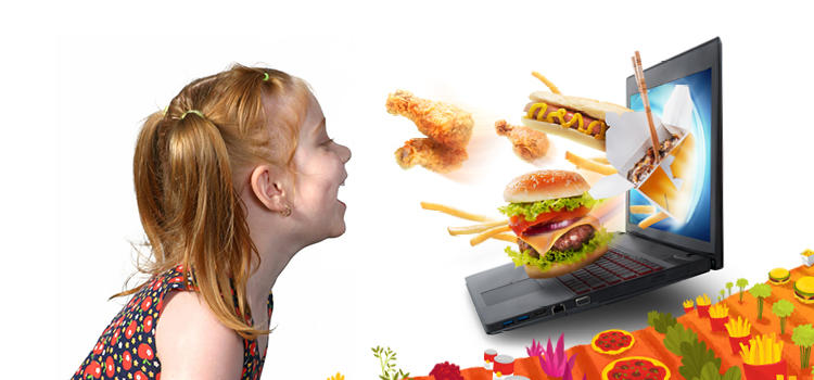 A child sees junk food flying out of a screen