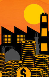 An illustration of a factory with stacks of coins in front of it