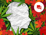 conceptual image with cannabis leaves and silhouette of a young person